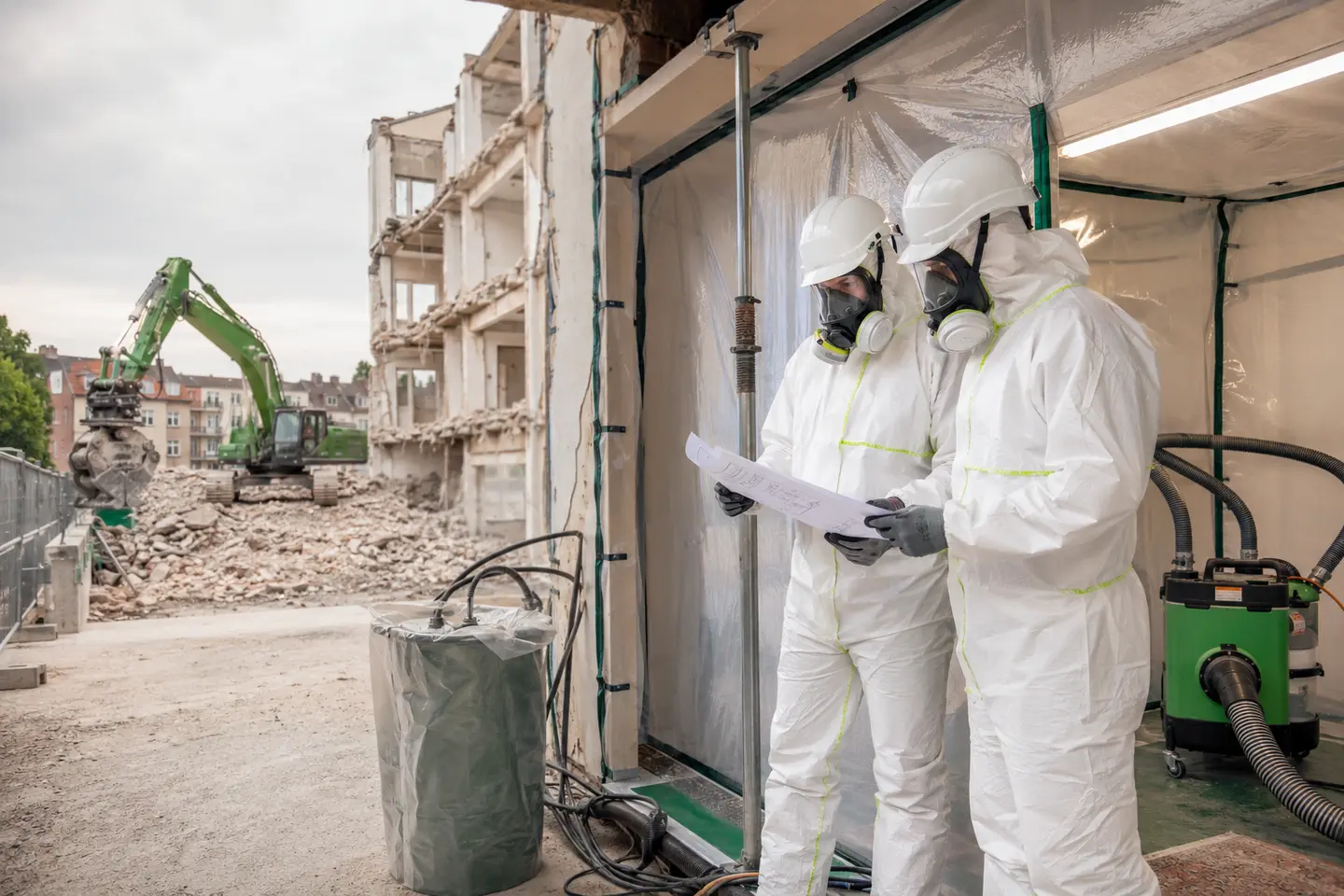 Kontrollierter Gebäuderückbau neben einem abgeschotteten Asbest-Arbeitsbereich mit zwei Fachkräften in Schutzausrüstung