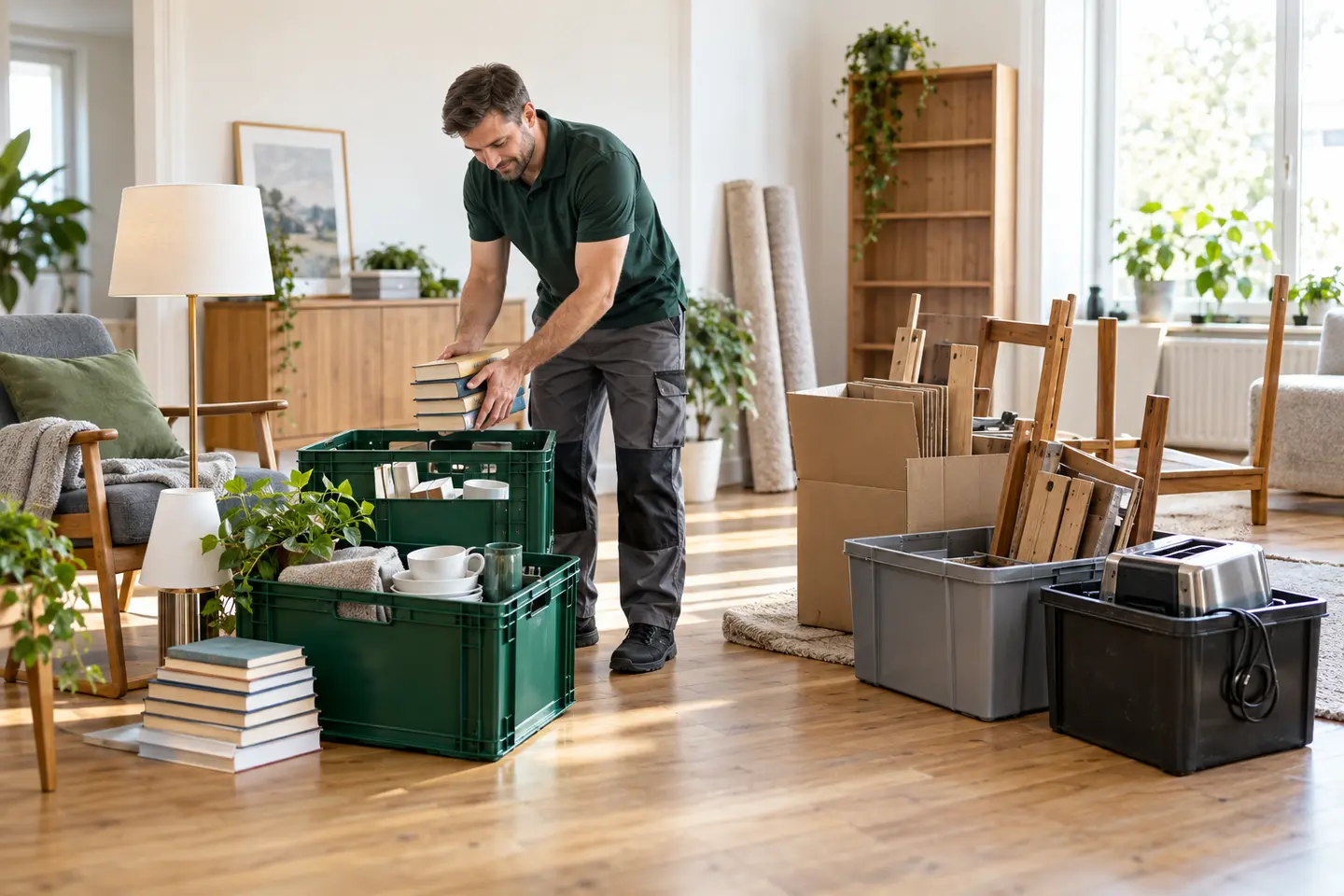 Männlicher Fachmitarbeiter sortiert Möbel, Bücher und ein Elektrogerät für Wiederverwendung und Entsorgung bei einer Haushaltsauflösung