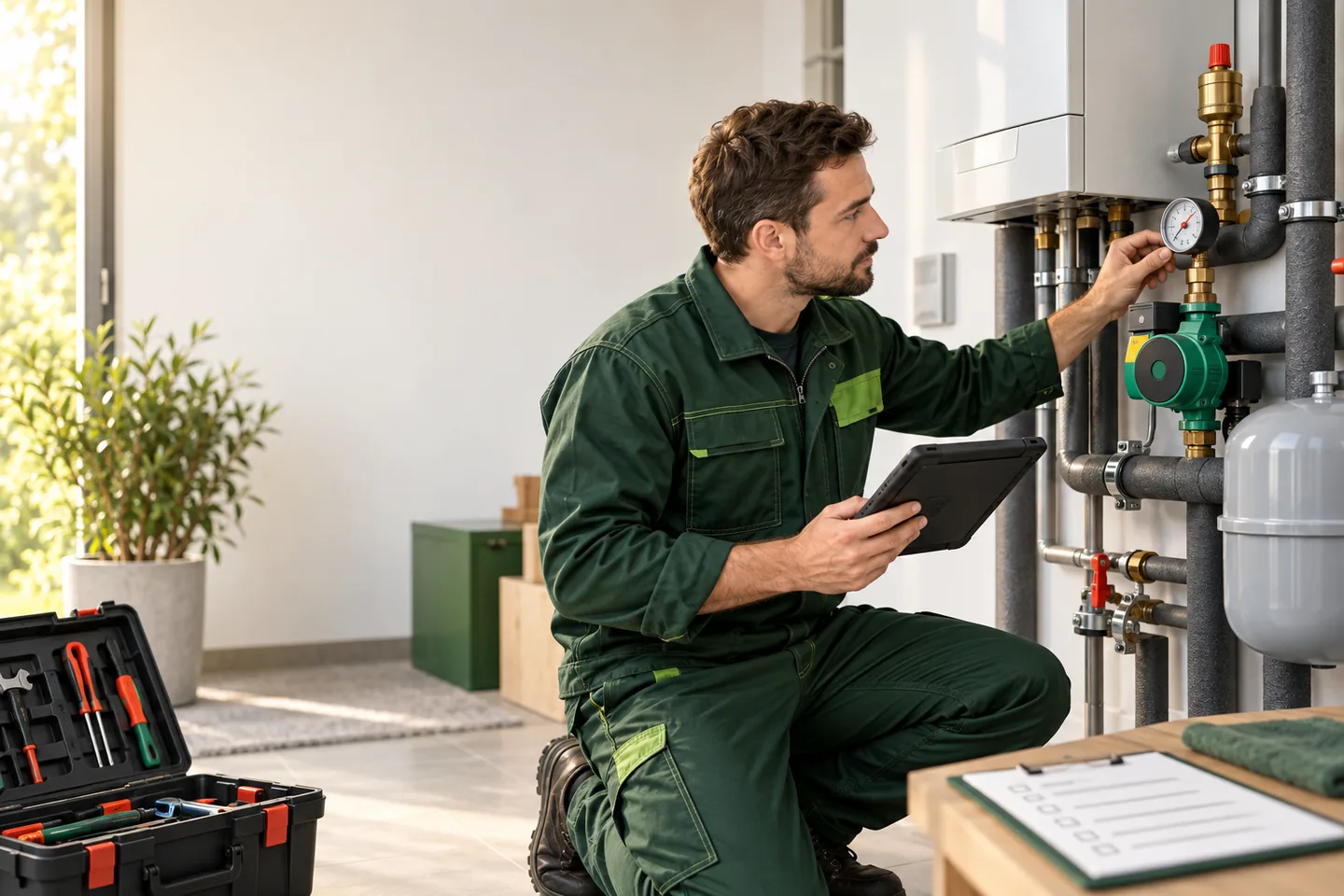 Heizungsfachmann prüft Manometer und Regelung einer modernen Heizungsanlage im Hauswirtschaftsraum