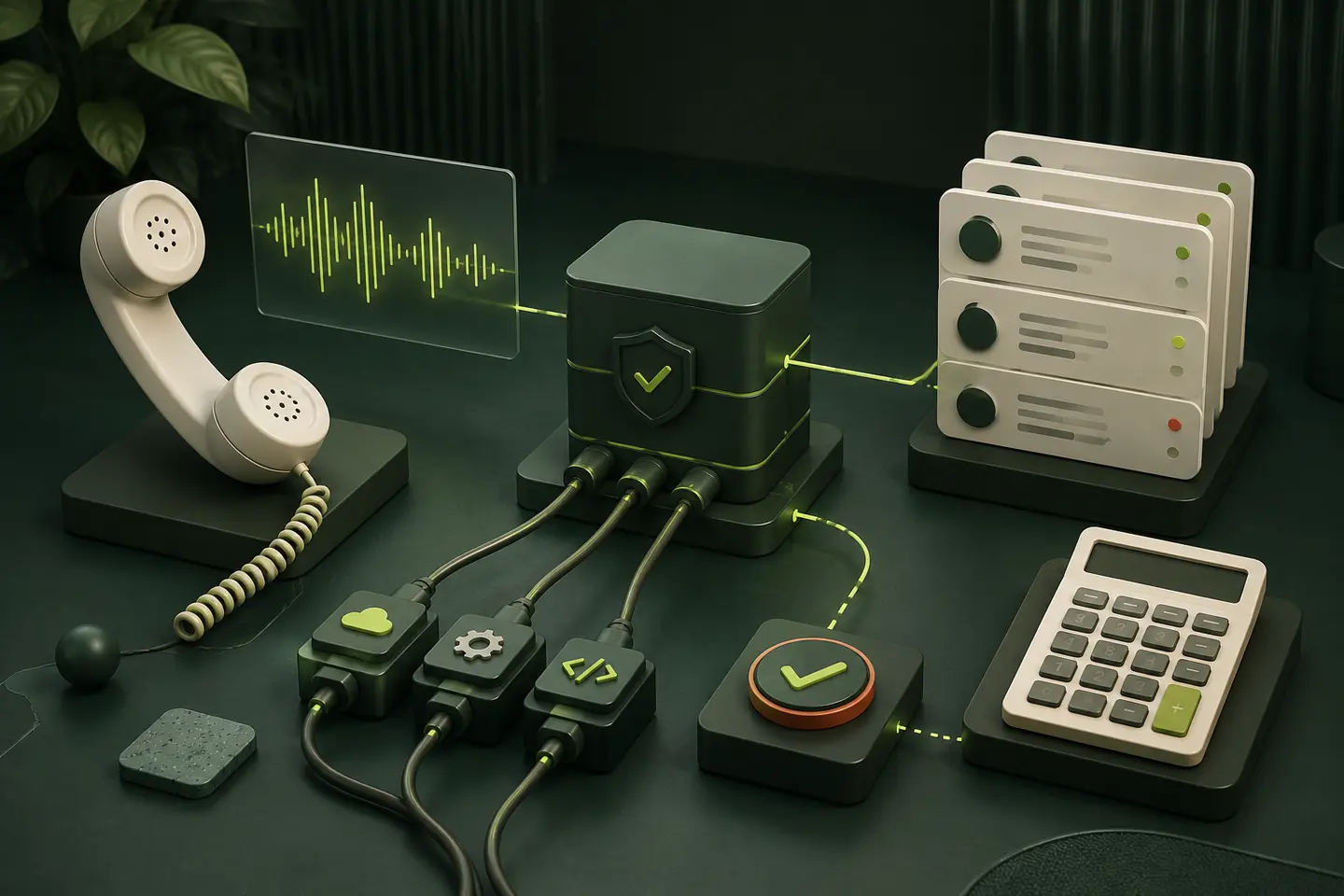 Voice-AI-Telefonworkflow mit Anruf, sicherer Verarbeitung, CRM-Übergabe und Kostenkontrolle