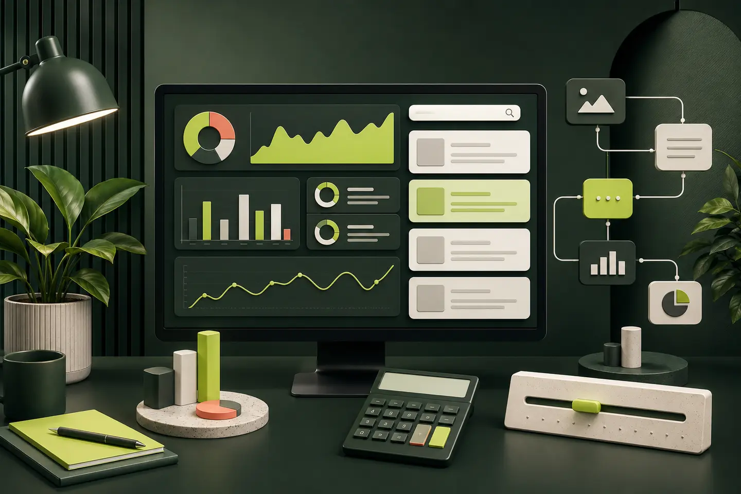 Suchanalyse, Inhaltsstruktur, Diagramme und Werbebudget auf einem modernen Arbeitsplatz